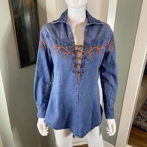 Vintage 70s Made in Heaven Lace Up Denim Embroidered Jean Western Hippy Shirt L